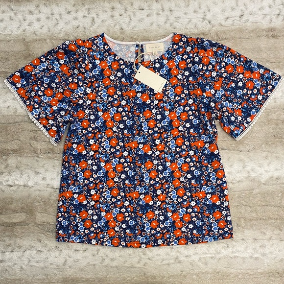 NWT💕MELLODAY Flutter Sleeve Crew Neck Top in Blue Coral Flrl Size XS - Picture 2 of 10